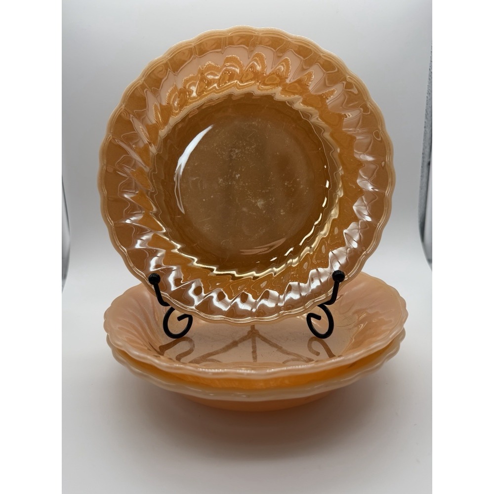 Anchor Hocking Fire King Flat Soup Bowls Set 3 Peach Luster Swirl Coup Glazed